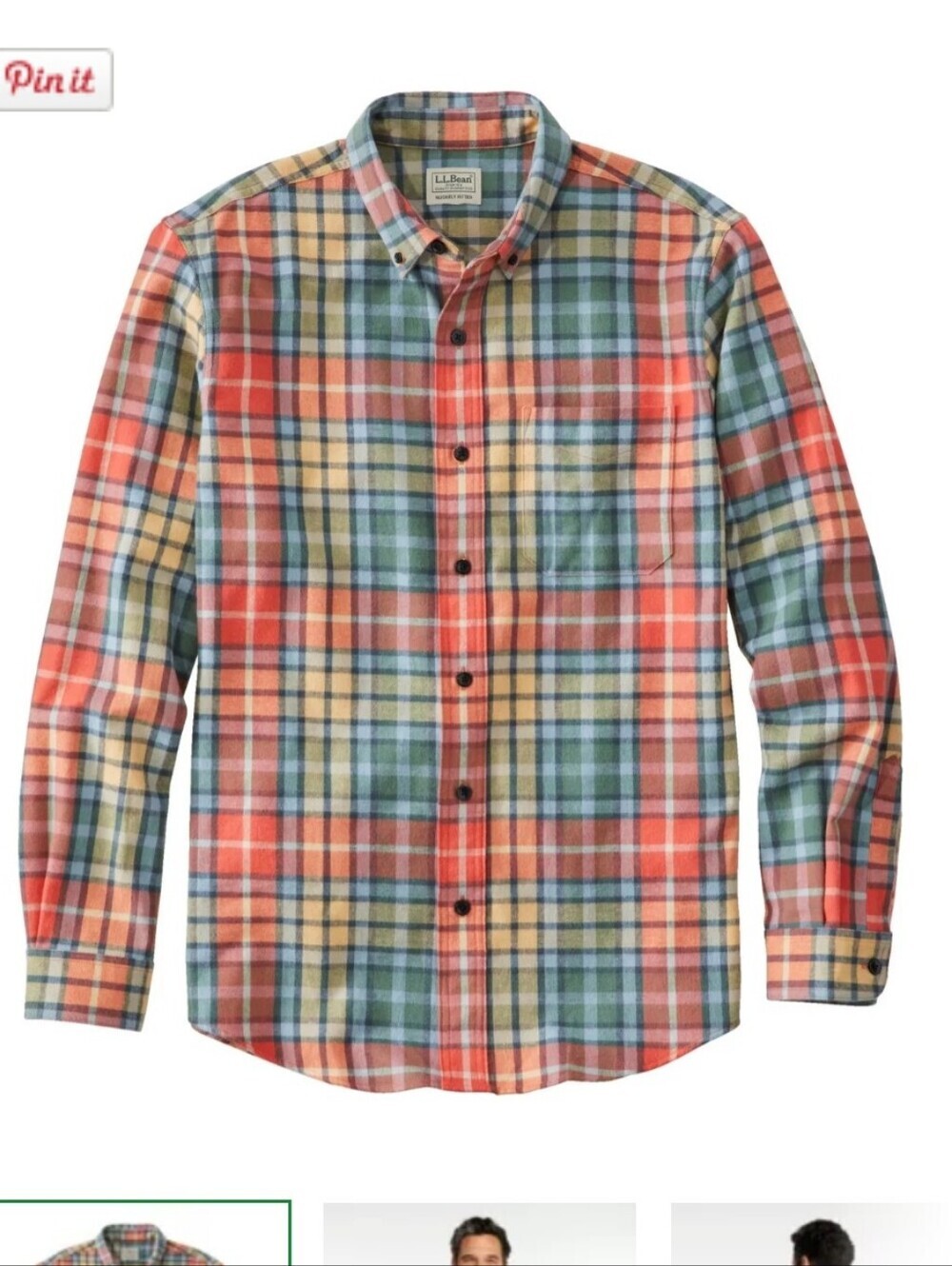 L.L.Bean Scotch Plaid Flannel Shirt Relaxed Fit Large L Orange Blue Cotton